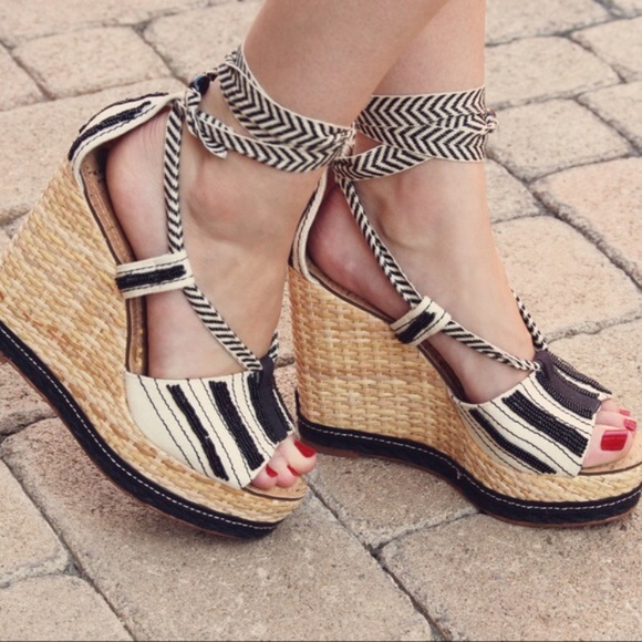 Sam Edelman Shoes - Sam Edelman Trey Tie Wedge Sandal Black White 9